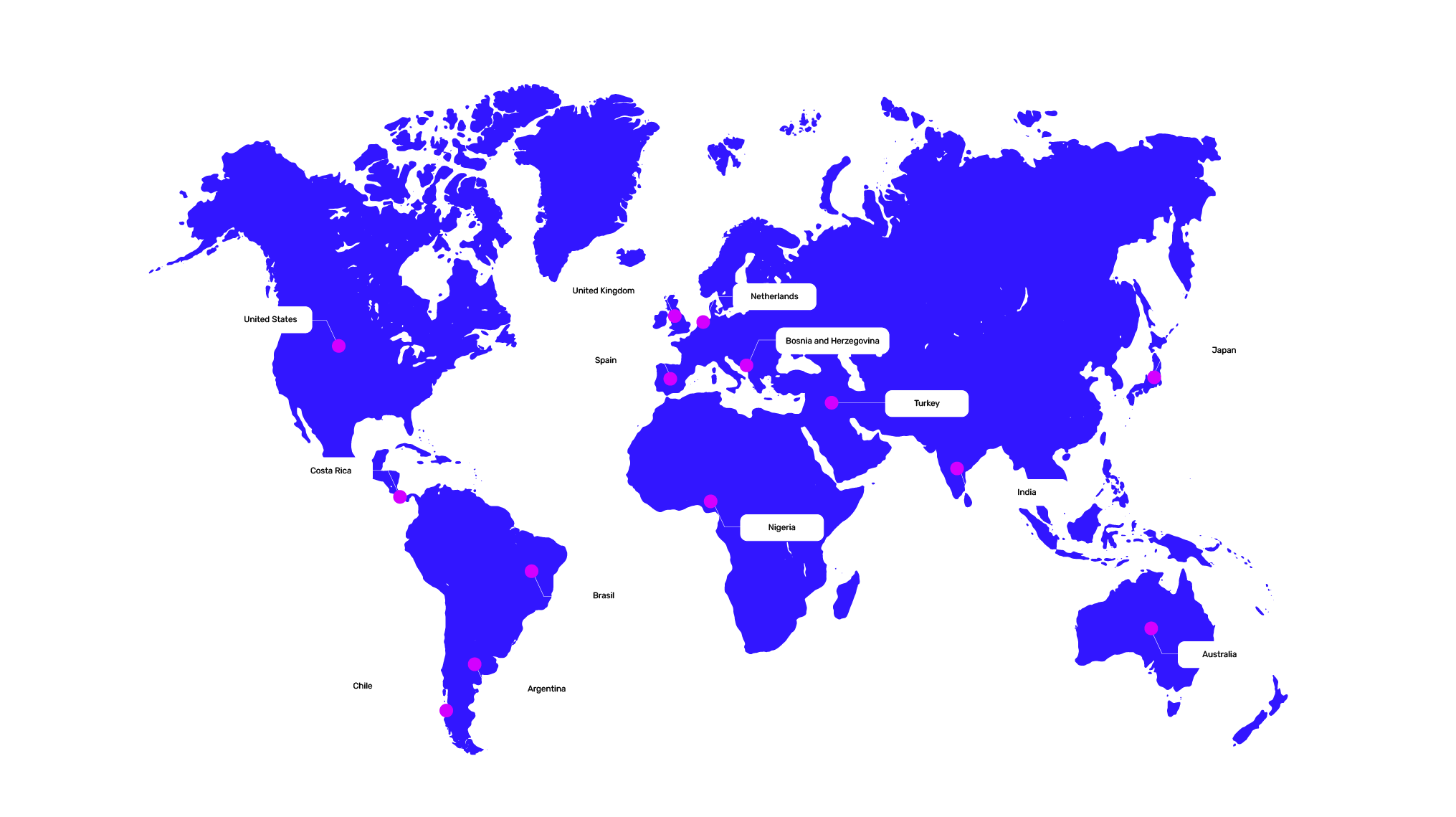 World map highlighting the locations of Calyptia team members, and showing that we have people on every continent except Antartica