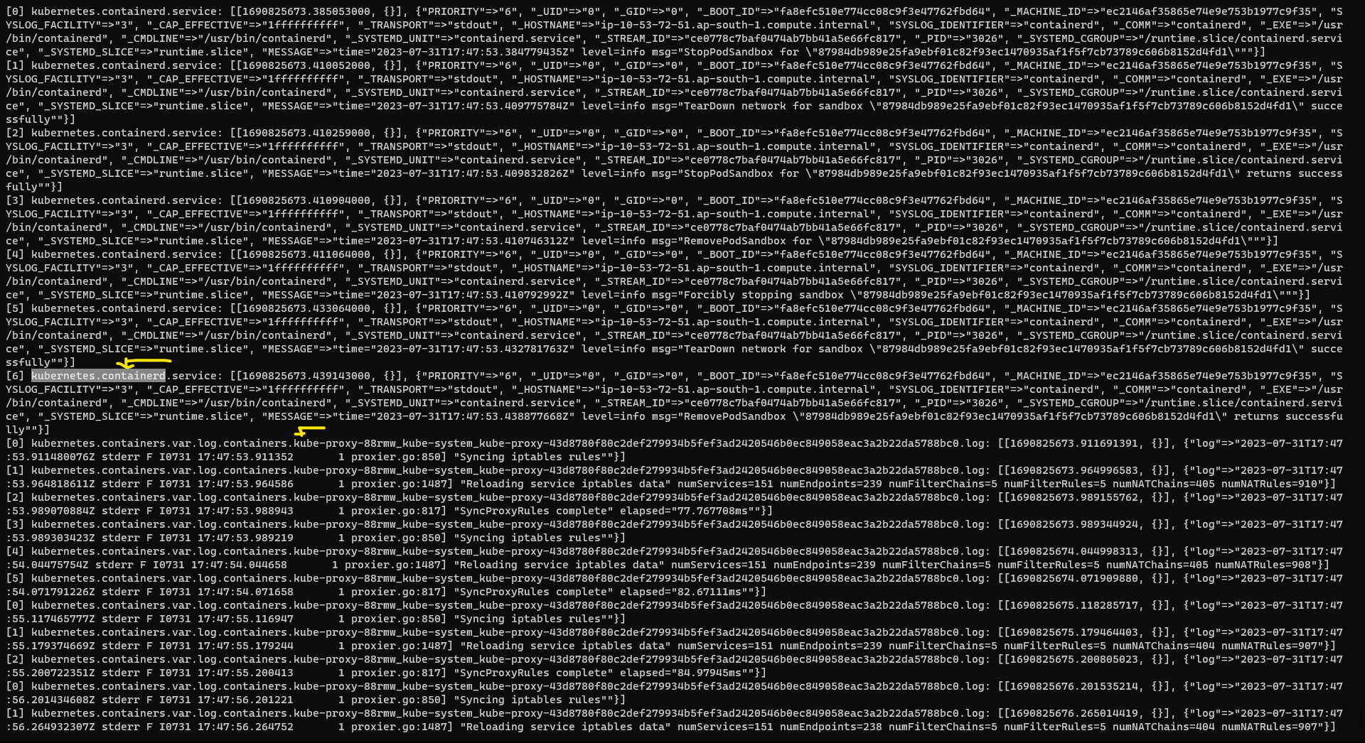 screenshot of logs output