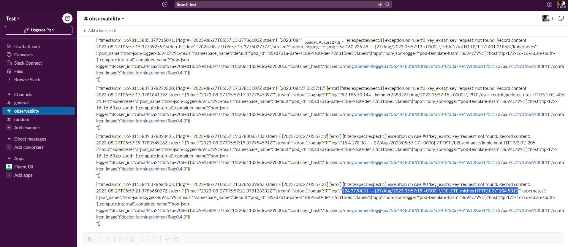 Screenshot of Slack displaying error messages