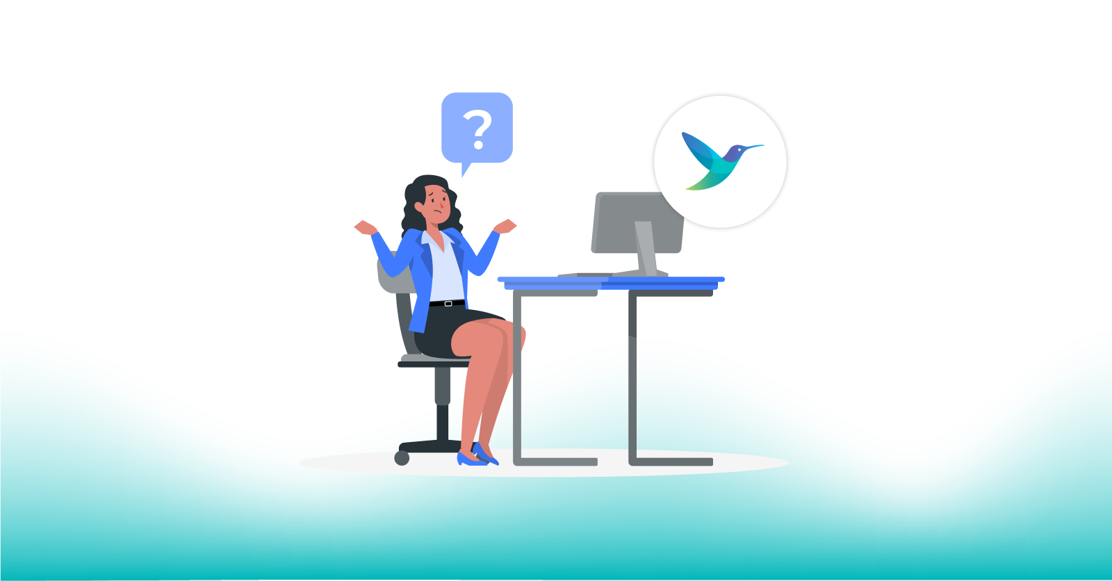 illustration of woman sitting at comuter with a question mark over her head