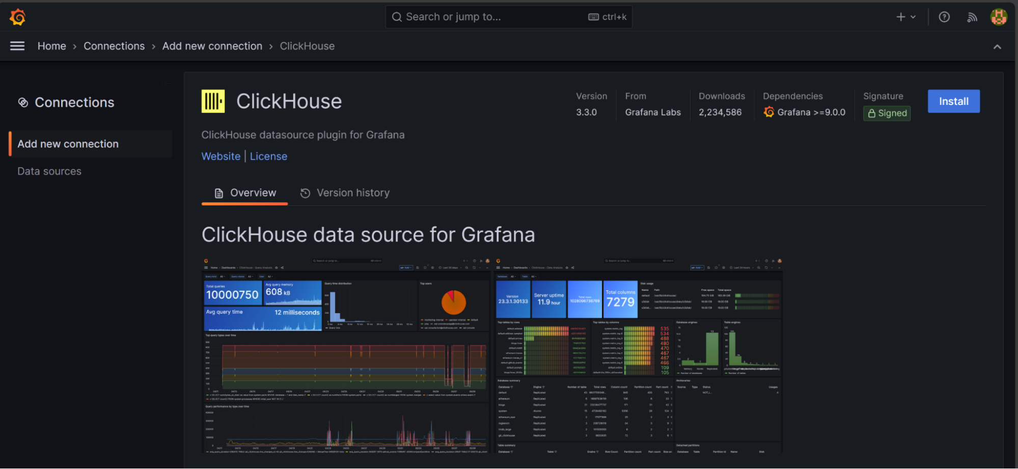 Screen caputre showing ClickHouse plugin for Grafana